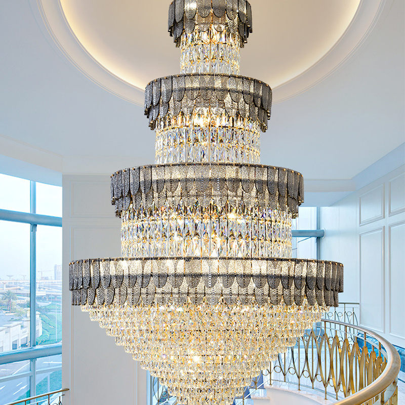 Modern Luxury Penthouse Crystal Chandelier Light Villa Lift Empty Living Room Building Middle Floor Hall Lift High Lamps