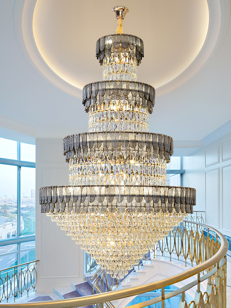 Modern Luxury Penthouse Crystal Chandelier Light Villa Lift Empty Living Room Building Middle Floor Hall Lift High Lamps