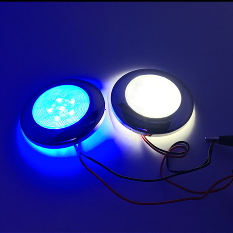 White Blue Waterproof 12V 2W IP67 LED Marine Van Interior Lights Boat Chrome Round Ceiling Lamp