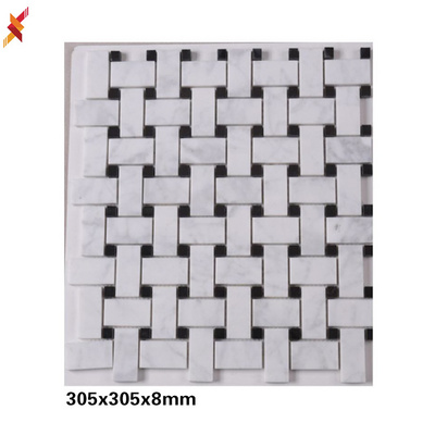 Basketweave pattern with marquina black dots kitchen backsplash carrara white marble mosaic bathroom wall tile