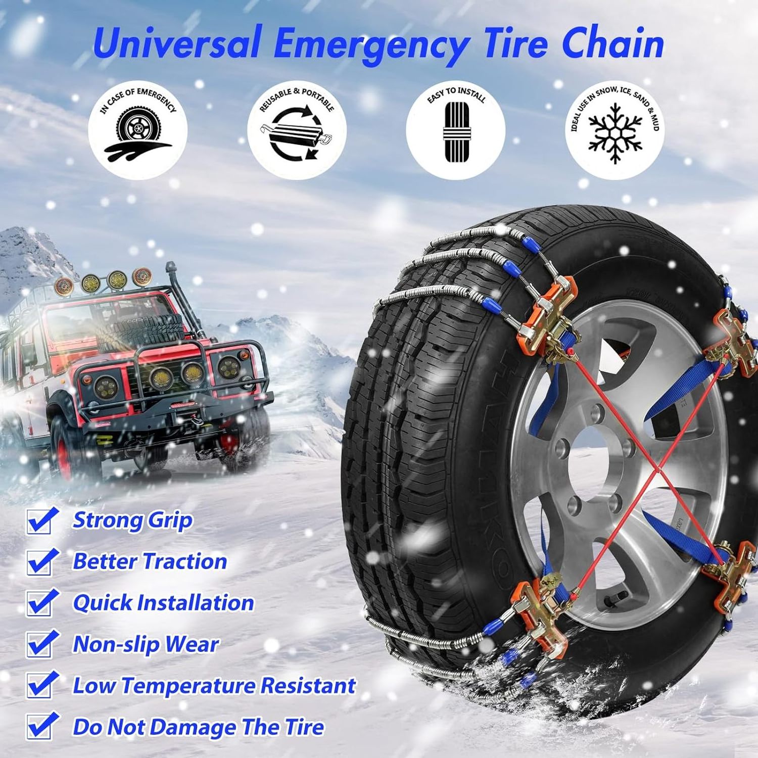 Snow Chains, Tire Chains for SUV Car Pickup Trucks, Tire Width 205 215 225 235 245 255 265MM 8PCS