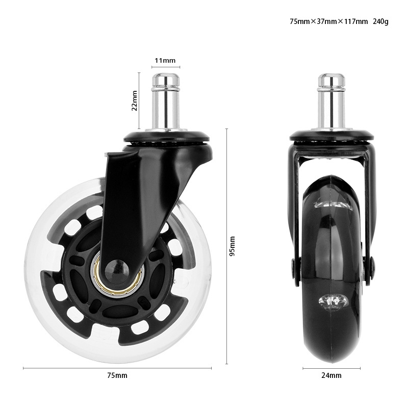 3 Inch Luminous Transparent Office Chair Casters Wheels 75mm PU Rotary Roller Furniture Office Wheel Casters