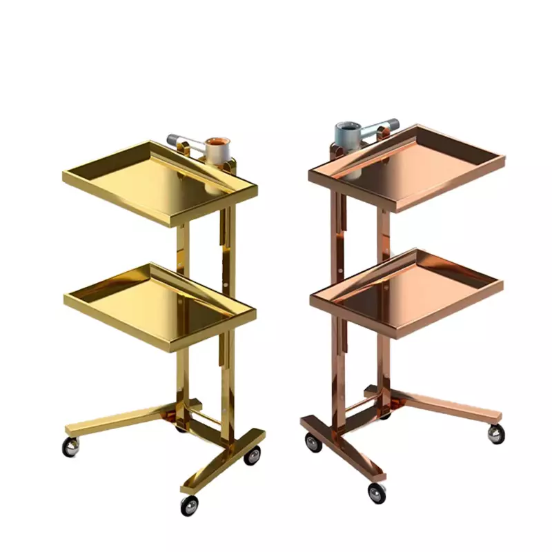 Portable gold folding trolley beauty salon stainless steel 2 tray 4 universal wheels rolling