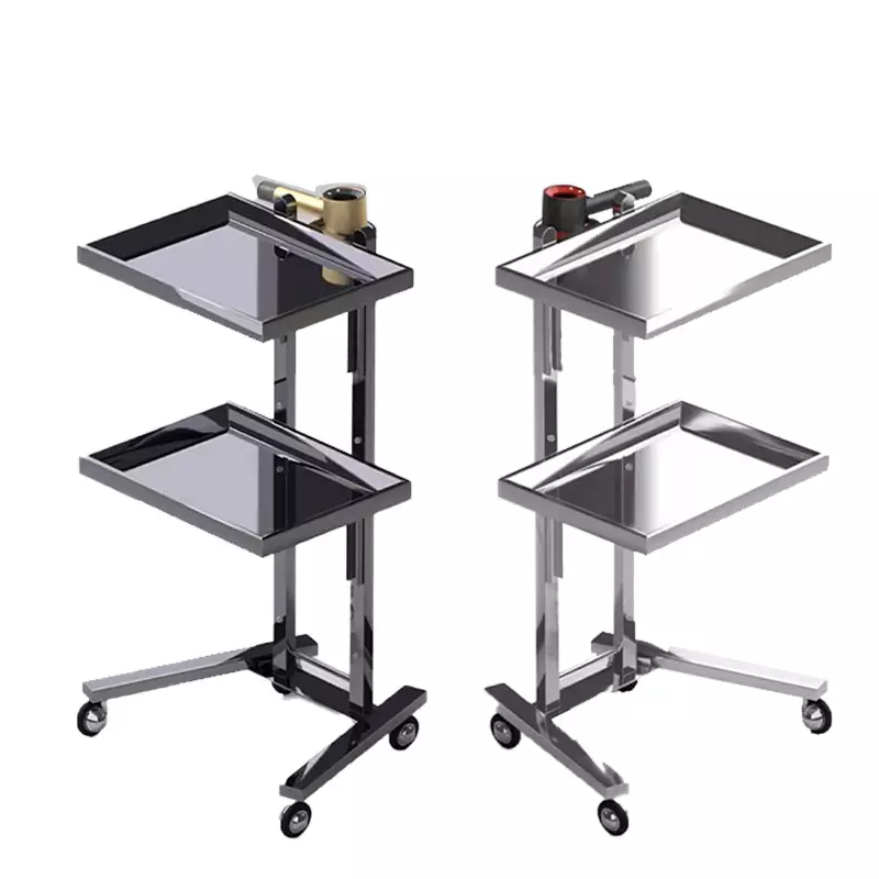 Portable gold folding trolley beauty salon stainless steel 2 tray 4 universal wheels rolling