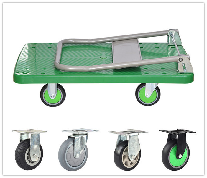 Four wheels folding 300kg transportation steel handle plastic platform hand trolley wheelbarrow