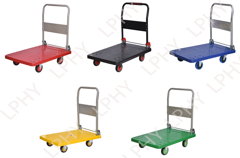 Four wheels folding 300kg transportation steel handle plastic platform hand trolley wheelbarrow