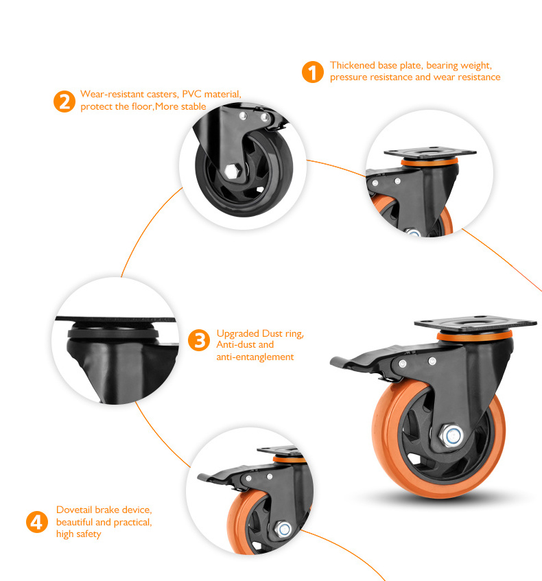 4 Inch Industrial Rubber Caster Wheels PVC Universal Cart Casters Swivel PVC 100mm Medium Duty Caster Wheels