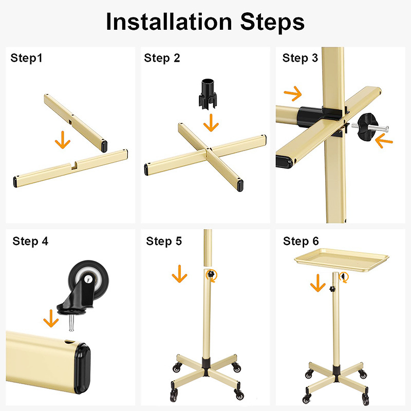 HOT SELL Adjustable Height Gold Hair Salon Trolley Hairdressing Salon Working Trolleys Cart Holder with caster Wheels with brake