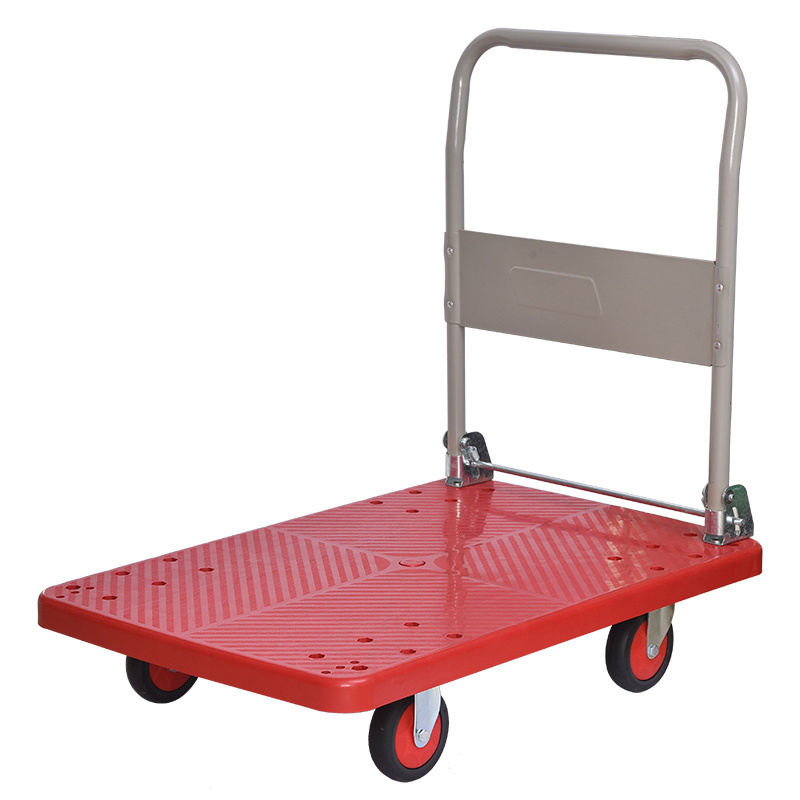 Flat Hand Psuh Trolley Folded Shopping Cart for Warehouse Goods Movingwarehouse High Quality Tool Plastic Storage Red Platform