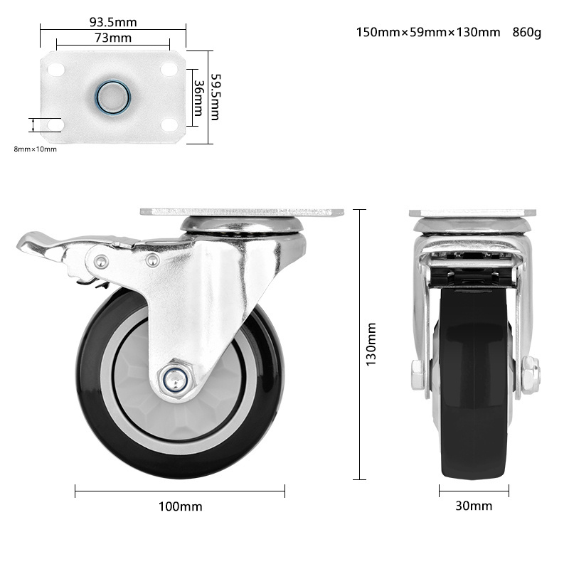 PVC Caster Wheel Medium Duty Wheel 4 Inch 100mm With Double Ball Single Bearing Swivel Castor Galvanized Bracket