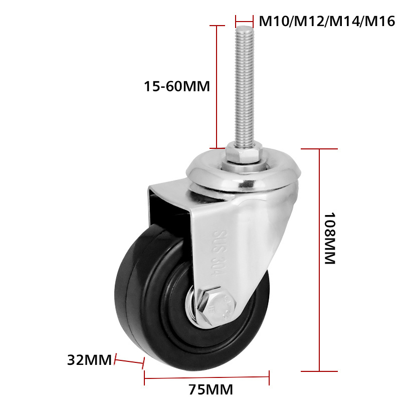 Black industry caster Corrosion-resistant 3 inch 4 inch 5 inch 6 inch stainless steel rubber/nylon swivel Heavy duty  caster