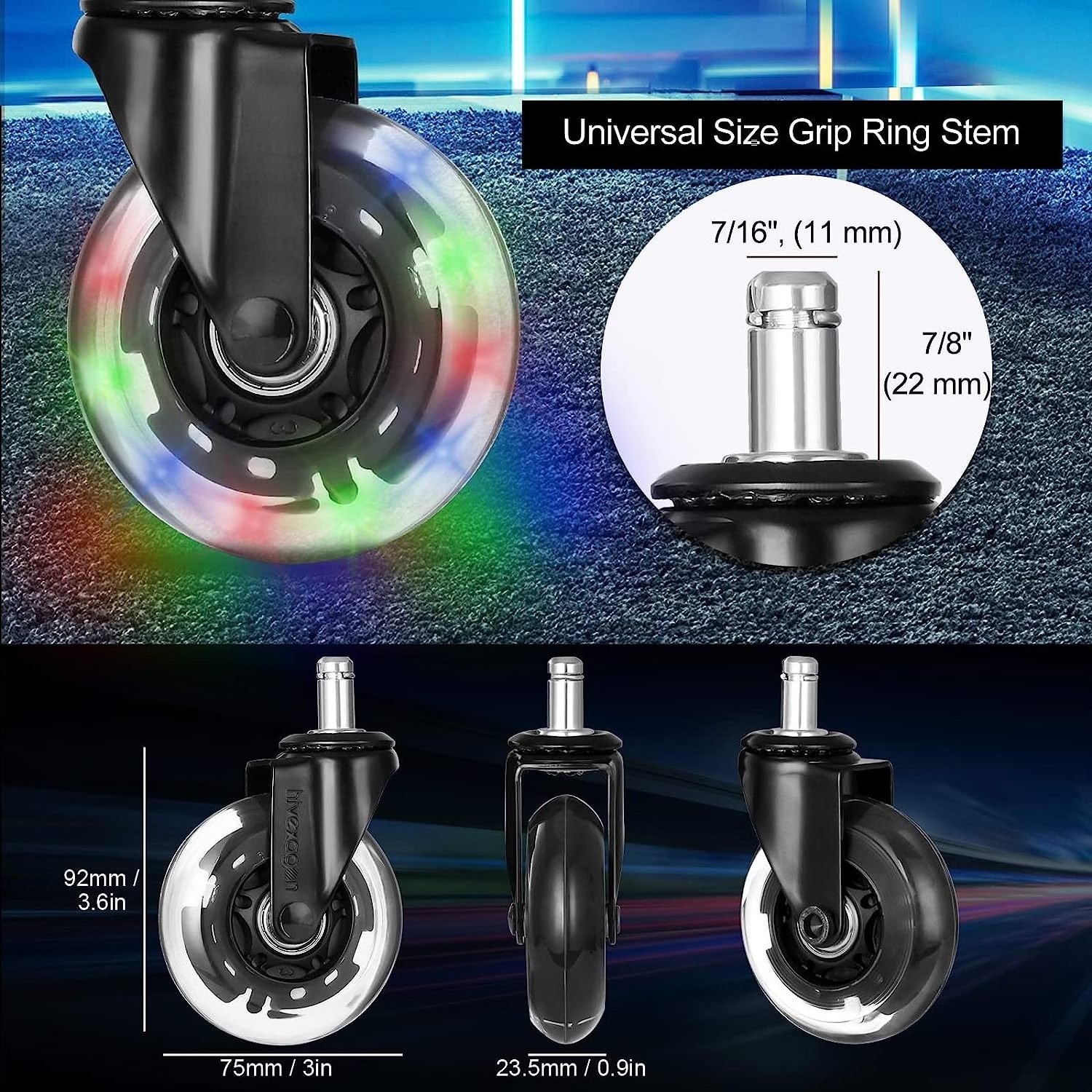 LPHY Office Chair Caster with RGB Color Changing Lights  3 Inch Twin Ball Bearing Replacement Computer Gaming Chair  casters