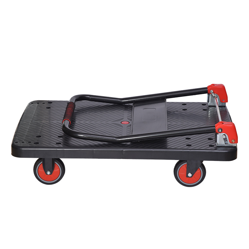 Flat Hand Psuh Trolley Folded Shopping Cart for Warehouse Goods Movingwarehouse High Quality Tool Plastic Storage Red Platform