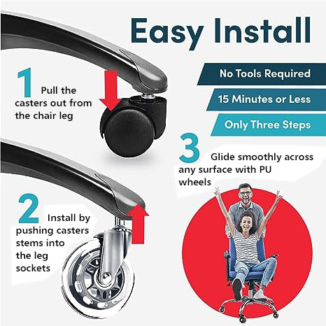 Furniture Office Chair  3INCH PU Caster Wheels   Floors Including Hardwood - Perfect ReplacHeavy Duty & Safe  for Desk Floor