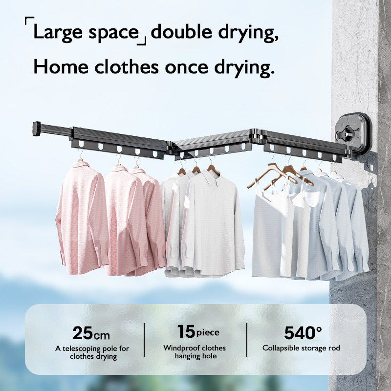 Suction cup type No rust fixed portable folding clothes hangers retractable wall mounted folding clothes drying rack