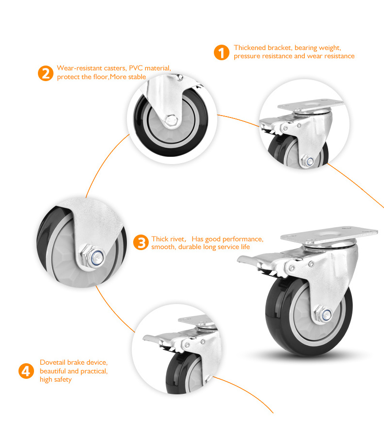 PVC Caster Wheel Medium Duty Wheel 4 Inch 100mm With Double Ball Single Bearing Swivel Castor Galvanized Bracket