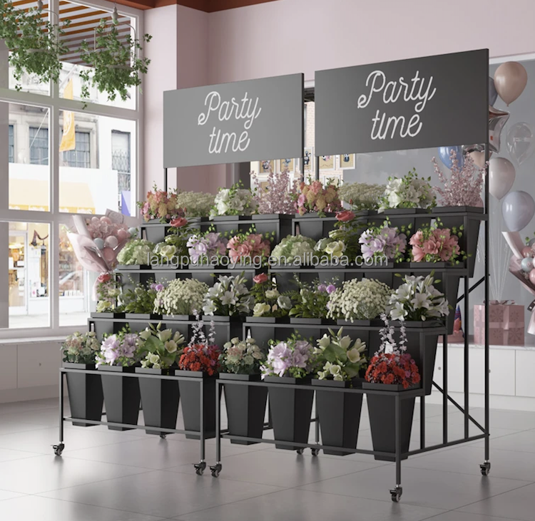 Flower Shop 4 Layer Decorative Flower Golden Display Rack Beautiful Flower Display Stand With 16 Buckets