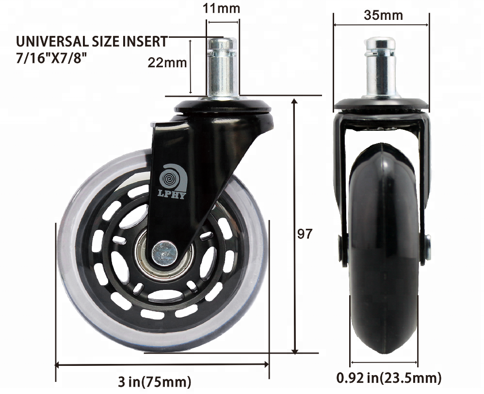 Rollerblade Office Chair Caster Wheel LPHY Heavy Duty and Soft Rubber ,Safe for Hardwood Floor 3 Inch Black and Transparent