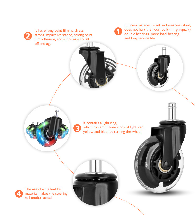 3 Inch Luminous Transparent Office Chair Casters Wheels 75mm PU Rotary Roller Furniture Office Wheel Casters