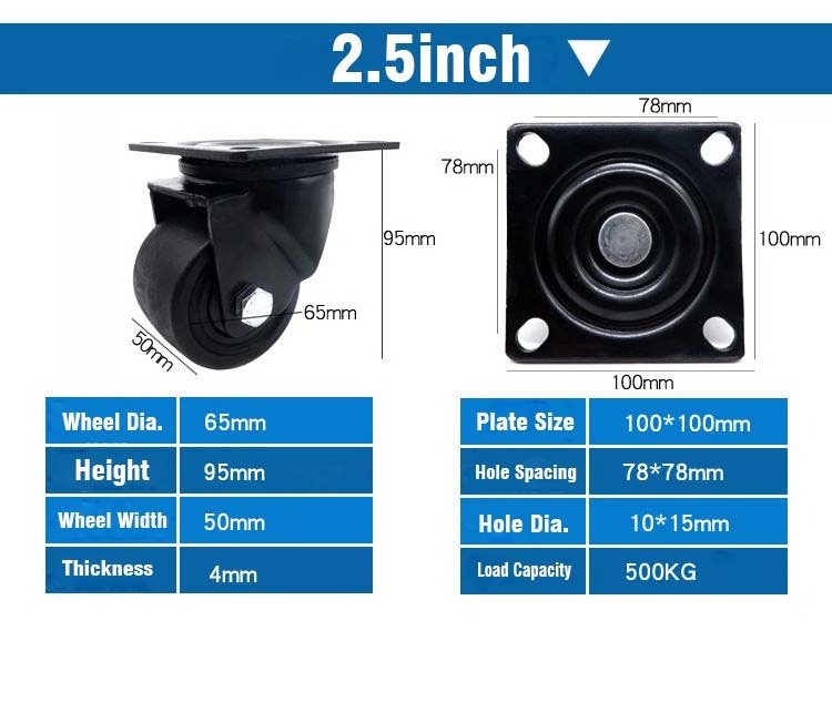 Heavy Duty Low Profile Nylon Caster 600kg Load Capacity 75mm Stem Plate Swivel Casters for Machines