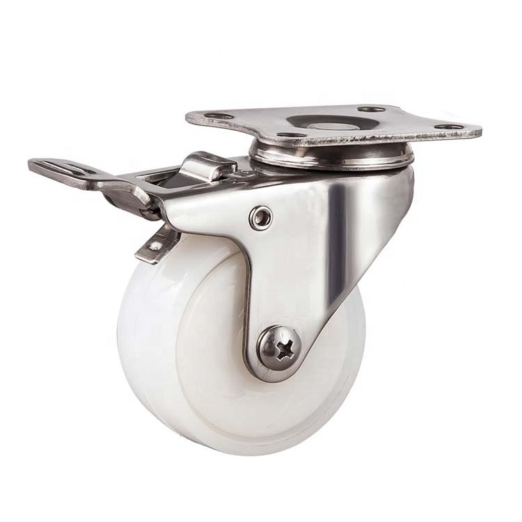 Durable 304 Stainless Steel Stem Casters with Swivel Top Plate and 1.5'' 2'' White Nylon Wheel Brake Type