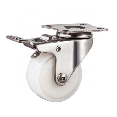 Durable 304 Stainless Steel Stem Casters with Swivel Top Plate and 1.5'' 2'' White Nylon Wheel Brake Type