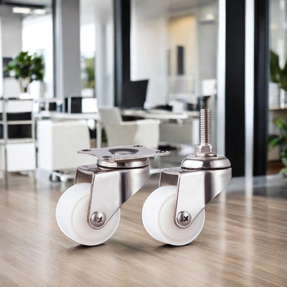 Durable 304 Stainless Steel Stem Casters with Swivel Top Plate and 1.5'' 2'' White Nylon Wheel Brake Type