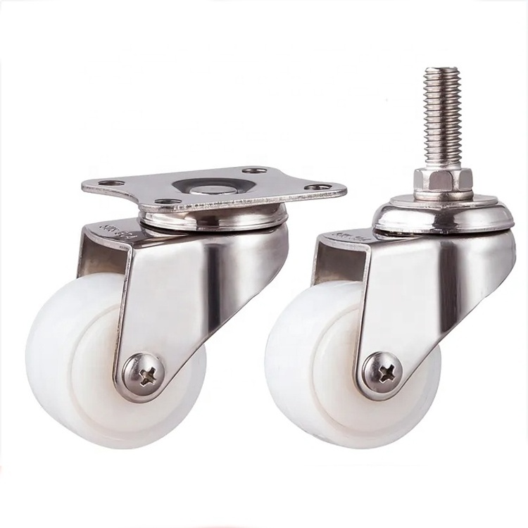 Durable 304 Stainless Steel Stem Casters with Swivel Top Plate and 1.5'' 2'' White Nylon Wheel Brake Type