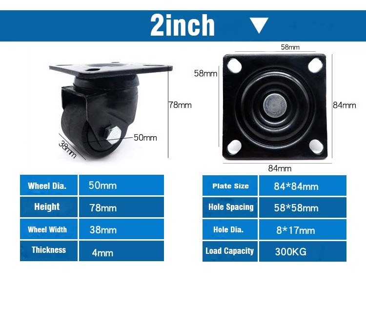 Heavy Duty Low Profile Nylon Caster 600kg Load Capacity 75mm Stem Plate Swivel Casters for Machines