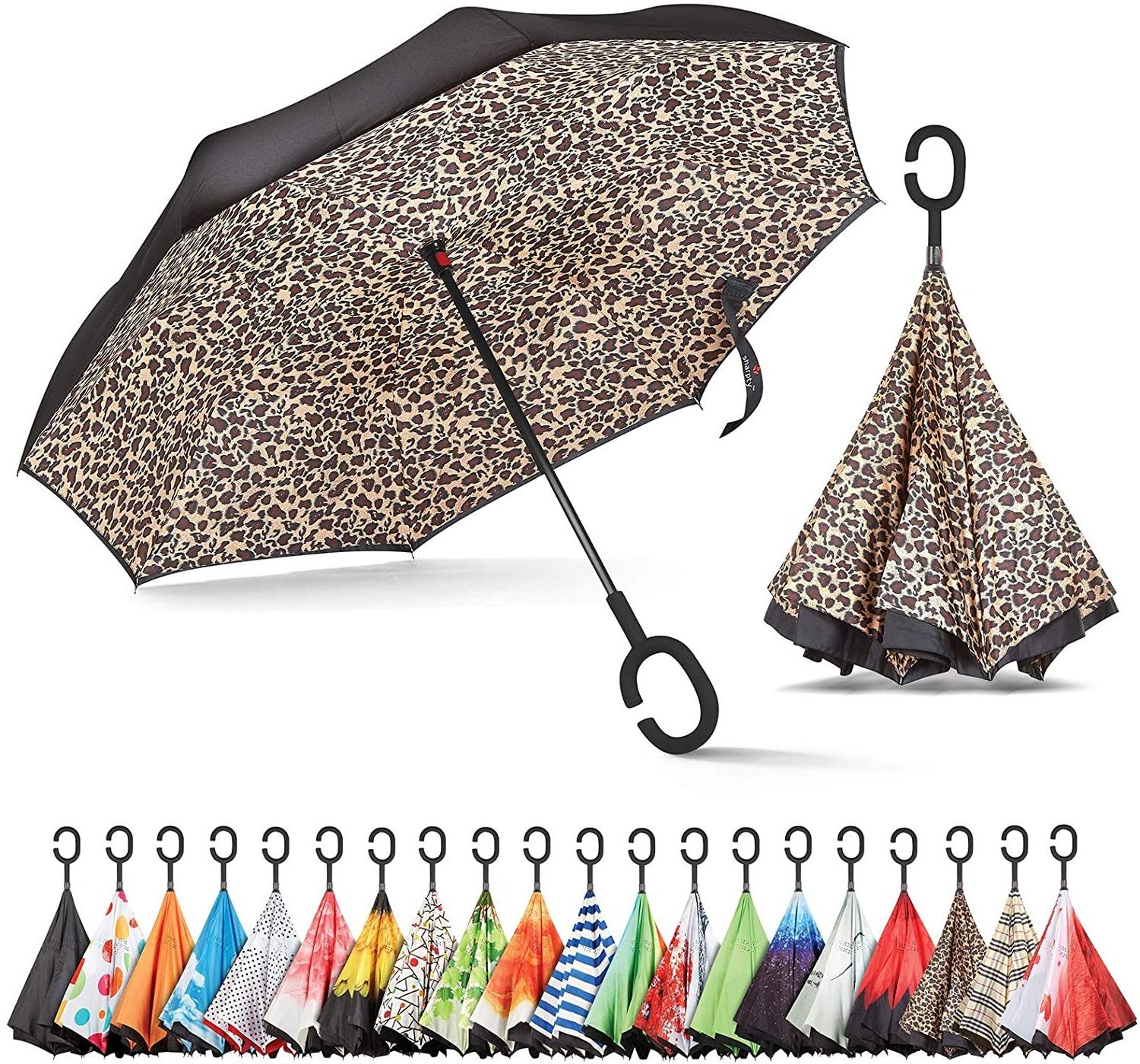 Inside out Umbrella Large Double Layer Inverted Big C-Shaped Handle Reverse Long Leopard Umbrellas