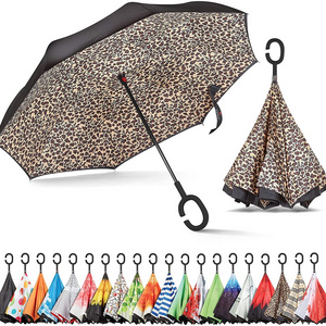 Inside out Umbrella Large Double Layer Inverted Big C-Shaped Handle Reverse Long Leopard Umbrellas