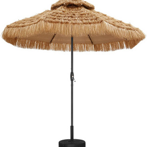 10ft Thatched Patio Tiki Umbrella with Tilt 40 built-in LED lights 2 Tier Hawaiian Style Beach Patio Umbrella