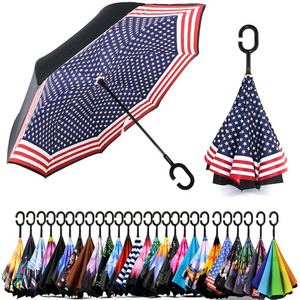 Reverse Umbrella Large Inverted Umbrellas for Rain with C-Shaped Non-Rust Handle for Men & Women American Flag umbrella