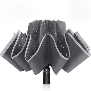 Portable 12 Rib 23inch Reverse Automatic 3 Folding Umbrella With Reflective Strip Anti- Wind Storm Umbrella With Waterproof