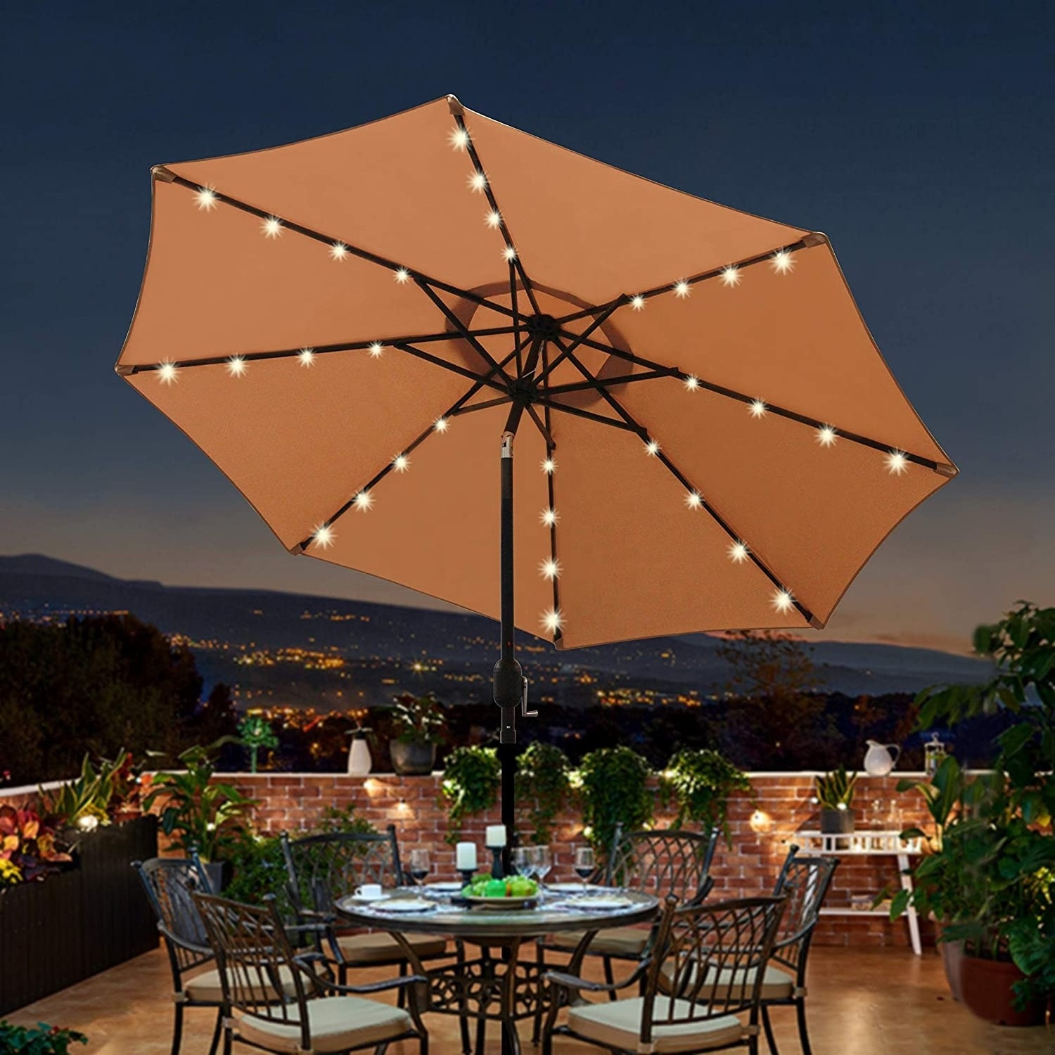 9ft Steel Patio Umbrella with Crank and Tilt Solar LED Light Outdoor Umbrella Shade Decorative