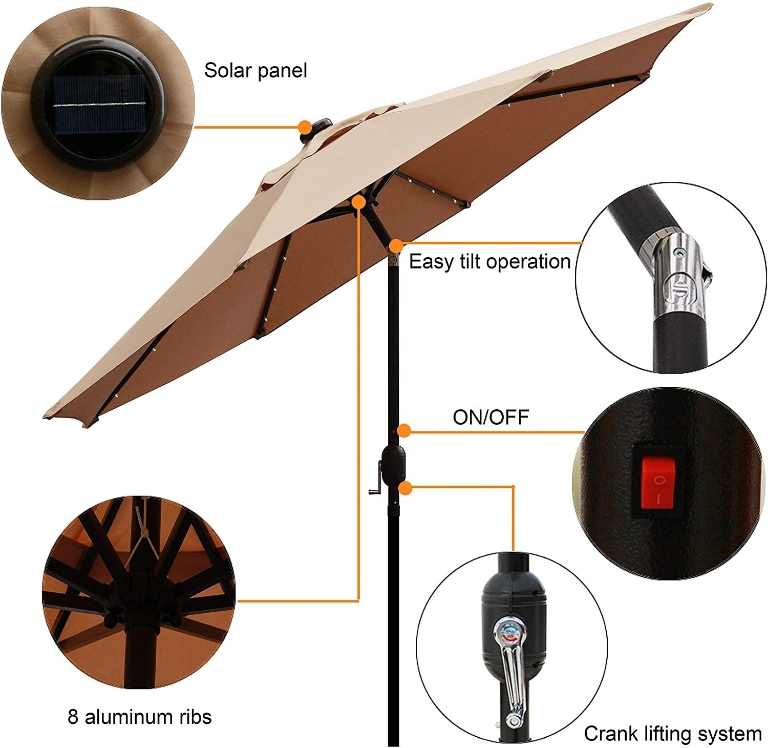 9ft Steel Patio Umbrella with Crank and Tilt Solar LED Light Outdoor Umbrella Shade Decorative