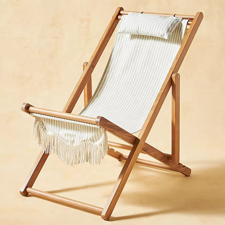 Adjustable Height Foldable Beech Wooden Tassels Chair Sea Folding Sling Chair with Cushion