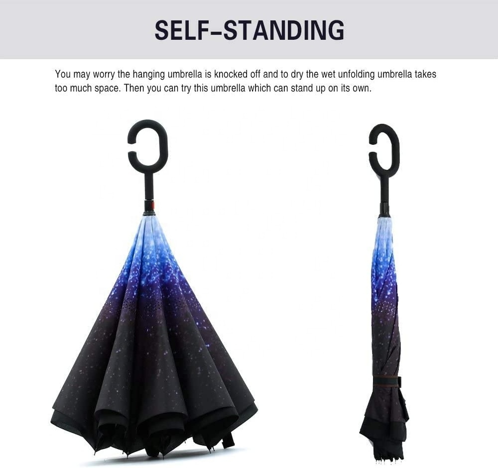 Double Layer Inverted Umbrella with C-Shaped Handle Anti-UV Waterproof Windproof Straight Umbrella for Car Rain Outdoor Use