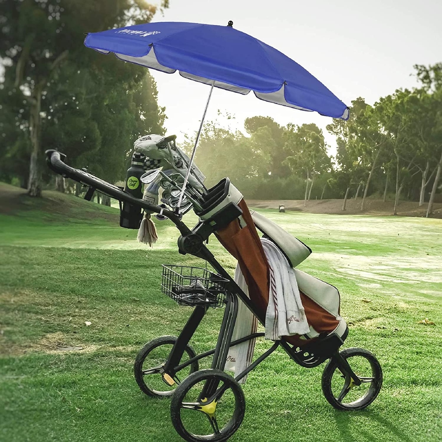 Chair Umbrellas with Universal Adjustable Clamp Clip on Parasol Sun Shade for Patio Beach Wheelchairs Golf Carts