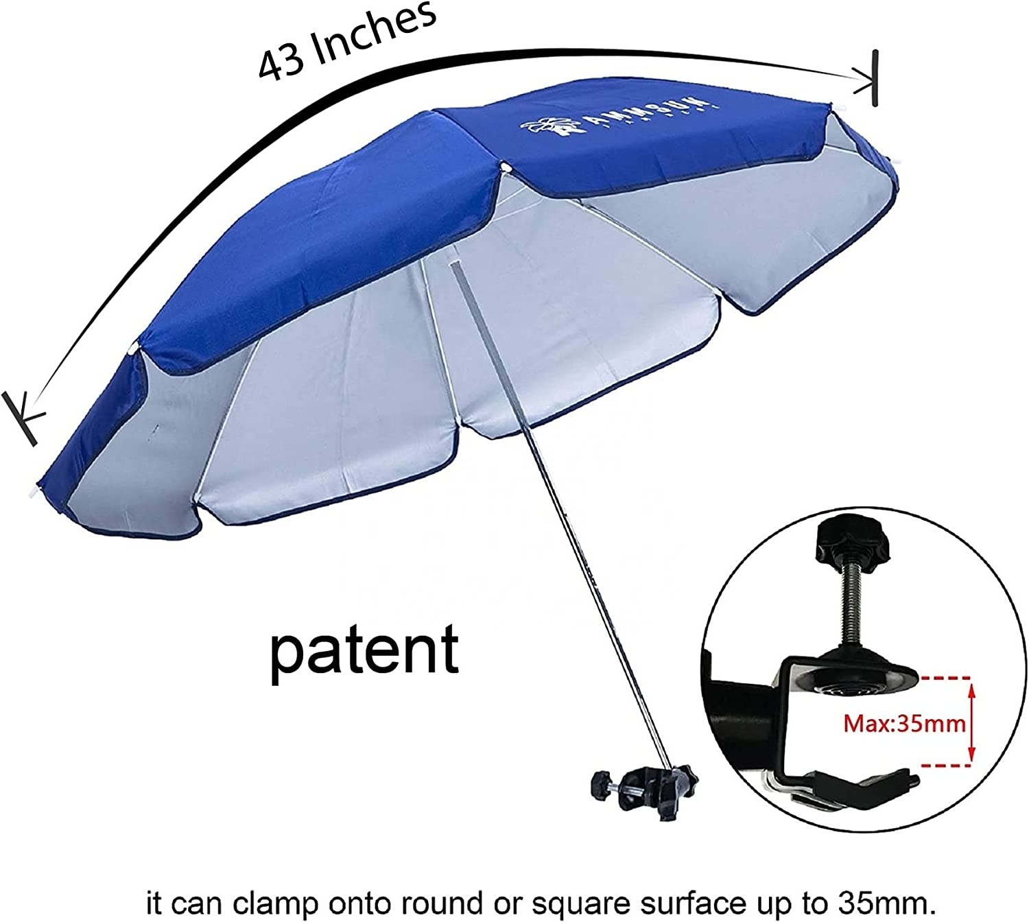 Chair Umbrellas with Universal Adjustable Clamp Clip on Parasol Sun Shade for Patio Beach Wheelchairs Golf Carts