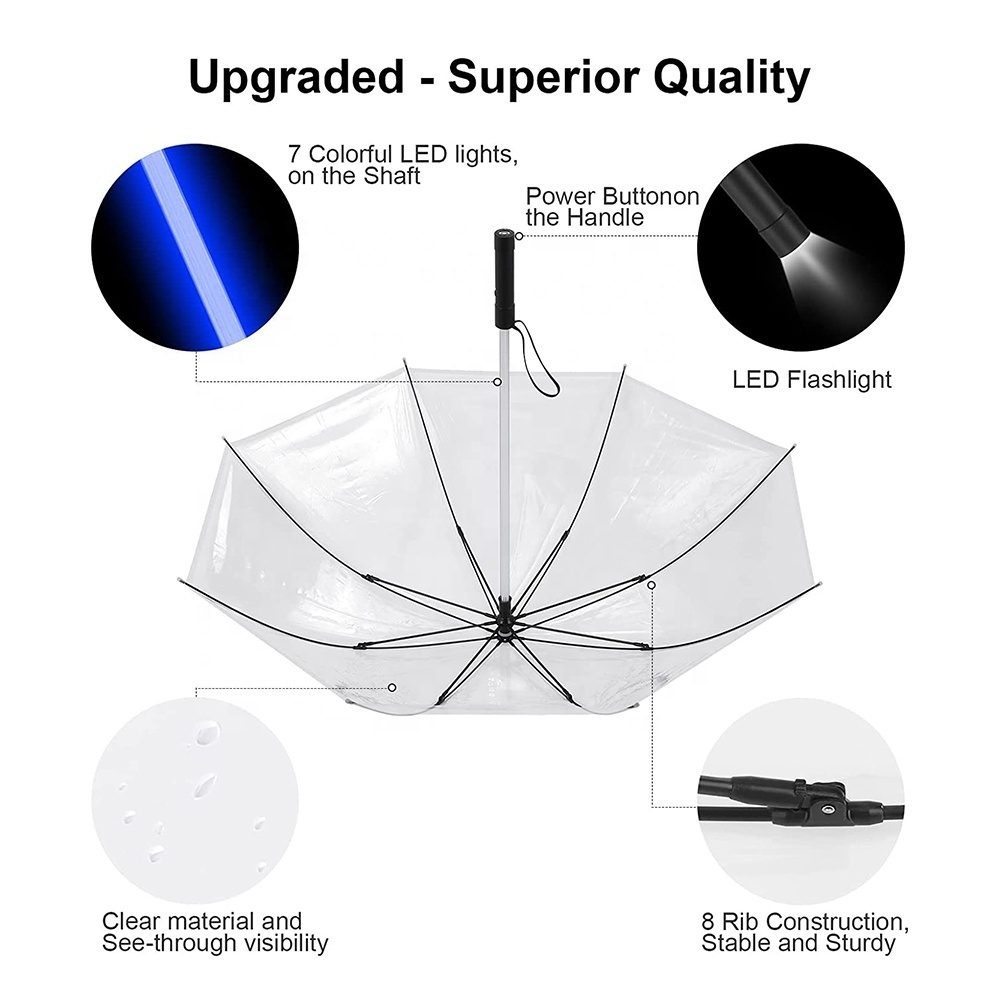 Clear Material Transparent LED Umbrella Light up Umbrella with 7 Color Changing Customized Logo LED Umbrella