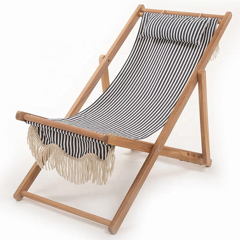 Wholesale Adjustable Reclining Foldable Balcony Lounger Wood Outdoor Beach Sling Wooden Deck Chairs with Tassels