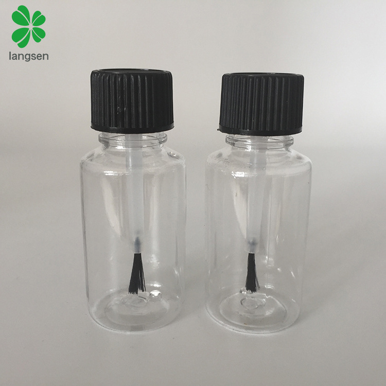 Empty 20ml plastic PET transparent bottle with black brush lid applicator, glue, touch up paint, nail oil container bottle