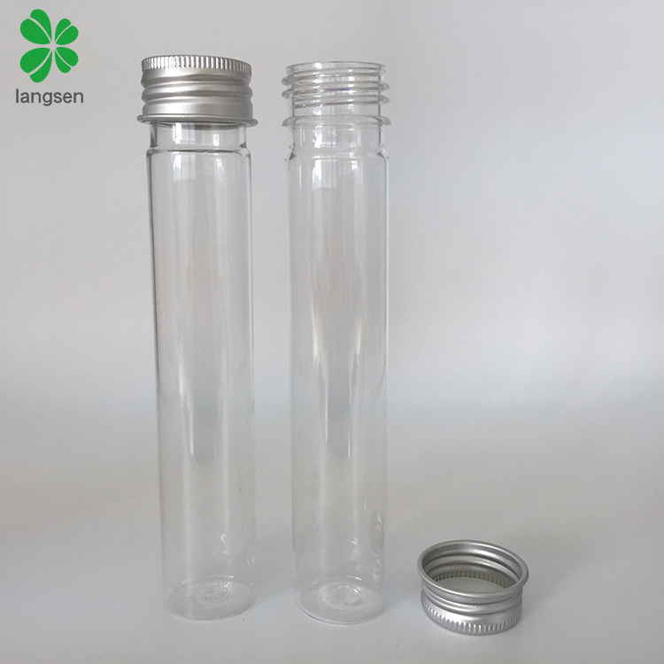 Plastic PET 65ml clear test tube bottle with aluminum screw cap plastic flat base bottom for cosmetic face mask, candy, food