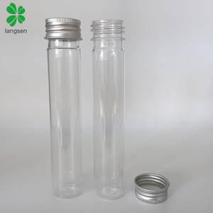 Plastic PET 65ml clear test tube bottle with aluminum screw cap plastic flat base bottom for cosmetic face mask, candy, food