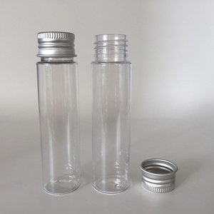 PET plastic 50ml flat base / bottom test tube bottle container with aluminum cap / lid seal for packing cosmetic, food, drink