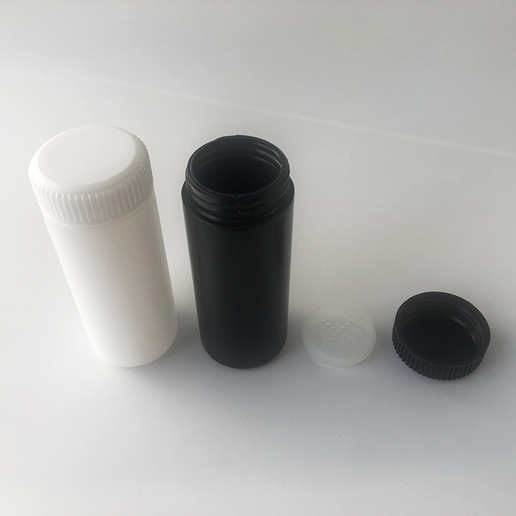 Empty 60ml HDPE plastic baby talcum powder bottle with sifter screw cap lid, 2oz black white talcum powder packaging container