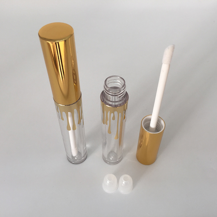 4ml plastic round clear lip gloss tube with gold metal cap, empty refillable lip gloss lip balm tube bottle container