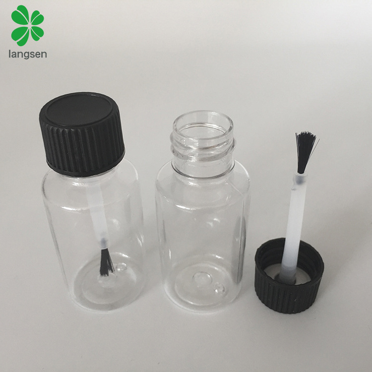 Empty 20ml plastic PET transparent bottle with black brush lid applicator, glue, touch up paint, nail oil container bottle