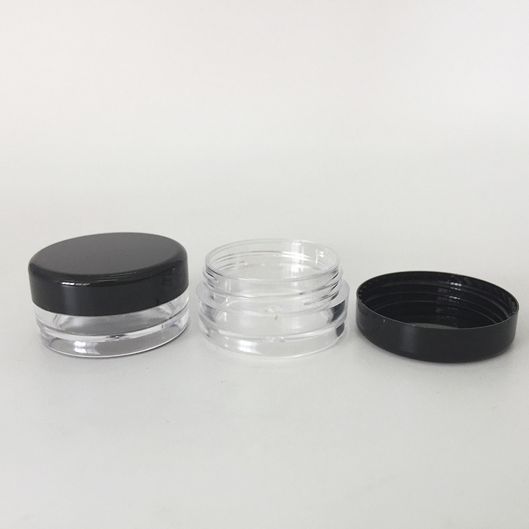 BPA free clear plastic 3 grams / 0.1 oz cosmetic sample pot jar with black lid, 3g cosmetic cream lotion sample jar